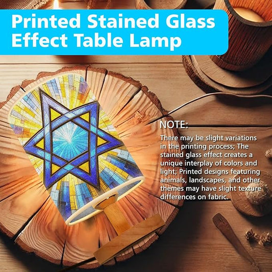 Star of David Table Lamp LED 3-Color Pressed Bedside, Star of David Shade Lamp with Wood Base for Bedroom Living Room Desk Office TL01