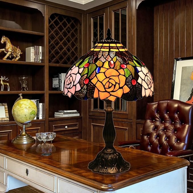 Tiffany Style Table Lamp, 12 Inch Stained Glass Lamp, Antique Table Lamp, Bedside Lamp, for Nightstand Bedroom Living Room Home Office, Rose Flower Pattern, Include LED Bulb