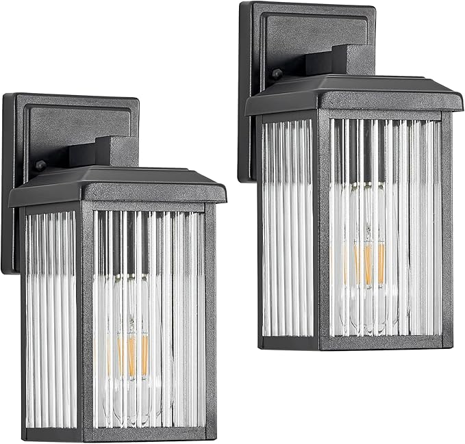 Refice 2-Pack Outdoor Wall Light Fixtures,Waterproof Outdoor Wall Lantern,Wall Mount Exterior Porch Lights, Textured Glass Outside Lights for Patio, Garage, Doorway, Front Door, Black