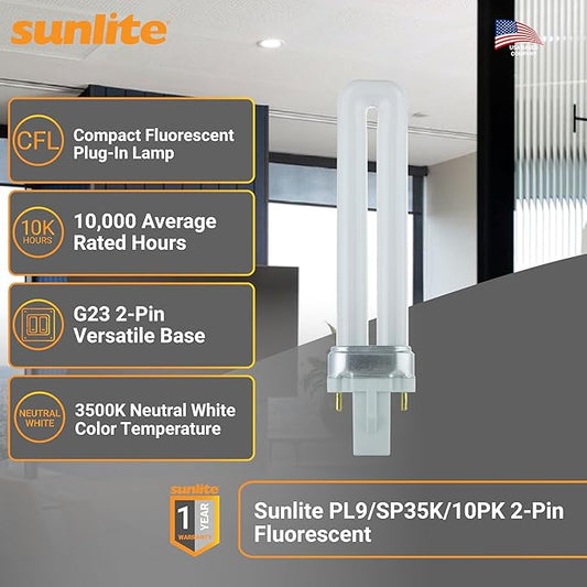 Sunlite Compact Fluorescent PL 2-Pin Single U-Shaped Twin Tube, 9 Watts, 120 Volts, 530 Lumens, 3500K Neutral White, 2-Pin G23 Base, 10 Pack