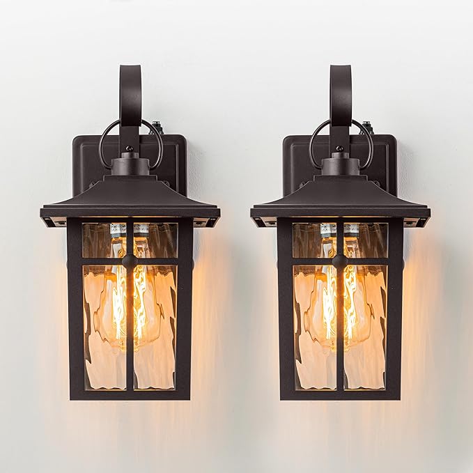 2 Pack Dusk to Dawn Outdoor Lighting, Oil Rubbed Bronze Exterior Light Fixtures with Ripple Glass, Waterproof Aluminum Porch Lights, Outside Lantern Light for Entryway, Garage, Patio