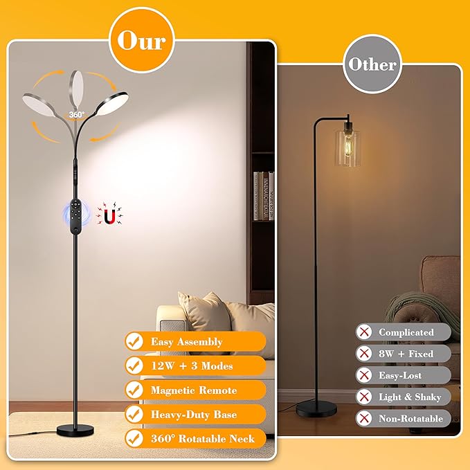 Eye-Caring Full Spectrum LED Floor Lamp, Magnetic Remote & Pole Control, Adjustable Gooseneck Dimmable 3000K-6500K, Stable Base for Living Room Bedroom Office Reading, Black
