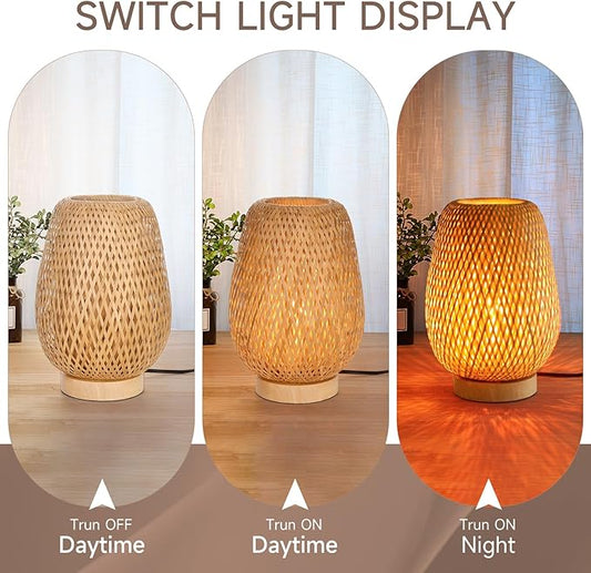 Bamboo Table Lamp for Bedroom,Boho Rattan Bedside Lamp, Vintage Wooden Wicker Nightstand Lamp Shade for Farmhouse, Desktop, Handmade Rustic Indirect Lighting