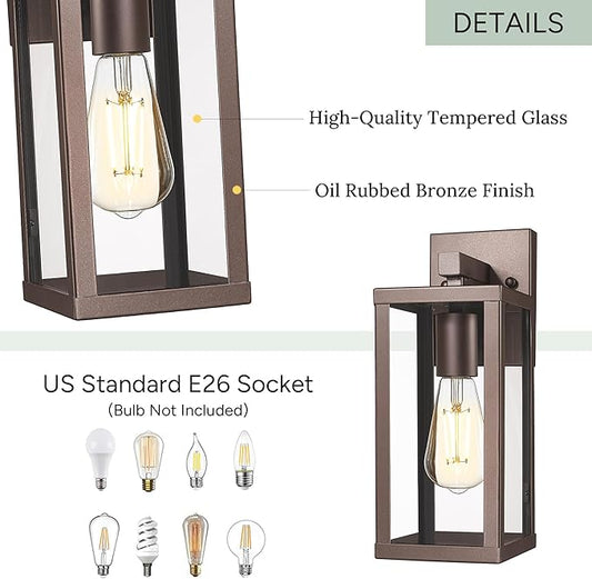 Outdoor Wall Light with Clear Glass, Anti-Rust Exterior Wall Sconce, Weather Resistant Outdoor Lantern, Exterior Lighting for Porch, Patio, Garage, Entryway (Oil-Rubbed Bronze, 13" Height-2 Pack)