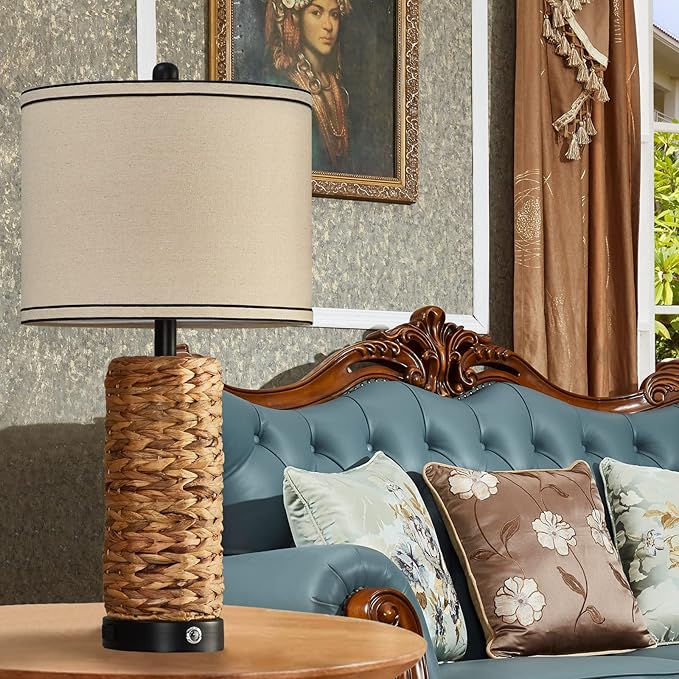 GyroVu Rattan Table Lamp Set of 2, Wicker Lamps, Dimmable Touch Seagrass Table lamp with 2 USB Ports and 1 AC Outlet for Bedroom Nightstand Table, Livingroom End Table, Bulbs Include