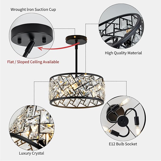 3-Light Crystal Ceiling Light Fixture, Modern Semi Flush Mount Ceiling Light, Black Crystal Chandelier for Kitchen Bedroom Bathroom Entryway Hallway