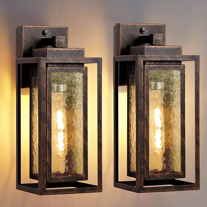 Dusk to Dawn Outdoor Wall Lantern, Water Ripple Exterior Porch Light Fixture Black Gold, 2 Pack Sensor Outside Lantern Lamp, Porch Mount Lamp for Doorway, Waterproof Wall Sconce Light (Bulb Included)