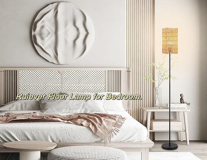 Floor Lamp for Living Room,Farmhouse Floor lamp,Modern Standing lamp with Hand-Worked Rattan Shade (Square Shade-3 Color Blub)