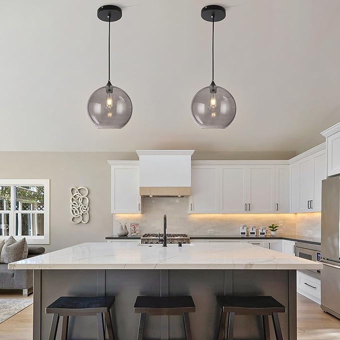Grey Glass Pendant Lights Kitchen Island Lighting Modern Globe Pendant Light Fixtures Modern Pendant Lights for Kitchen Island Bedroom Living Dining Room Light Fixture-11.8inch 2Pack