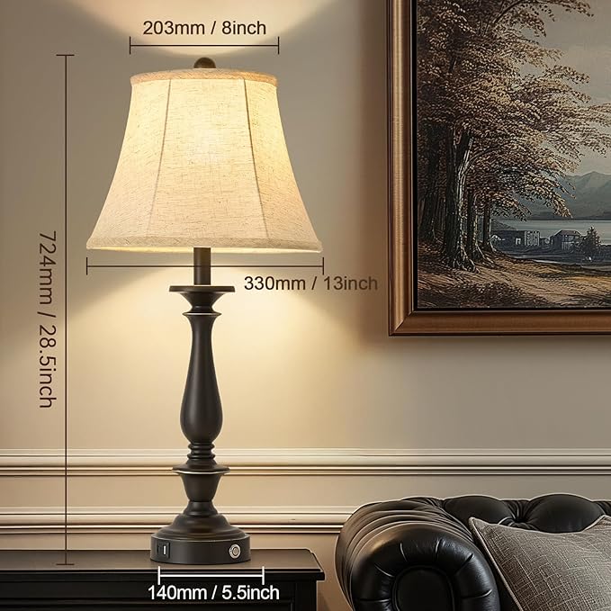 AIDENOEY 28.5" Traditional Table Lamp Set of 2, Rustic Farmhouse Table Lamps for Living Room Bedroom, Bedside Desk Lamps Vintage Nightstand Lamps with Silk Fabric Shades, Black Sweep White Gold