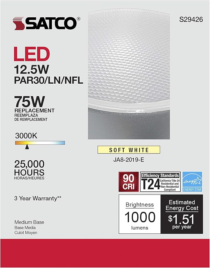 Satco S29426 12.5 Watt; PAR30LN LED; 3000K; 12-Pack California Compliant