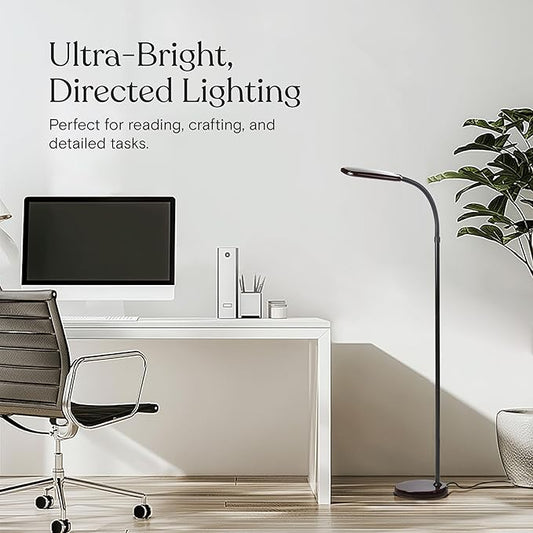 Brightech Litespan Slim LED Floor Reading Lamp - Modern Tall Lamp with Adjustable Gooseneck for Living Rooms & Offices - Dimmable Crafts Work Light - Brown