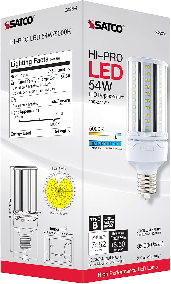 Satco S49394 Hi-Pro High Lumen LED Corncob Light Bulb, HID Replacement, 54 Watts, White