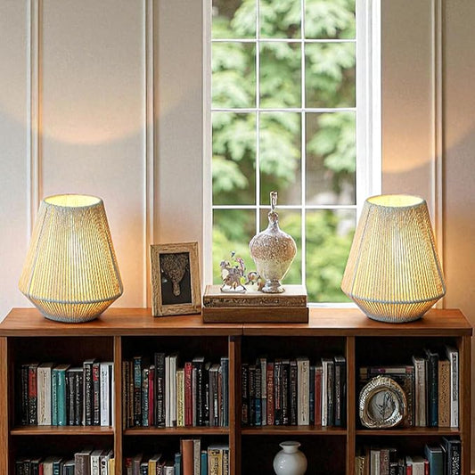 JHY DESIGN Set of 2 Woven Lampshade Table Lamps 8" H Cotton Rope Bedside Lights Cordless Decorative Battery Operated Lamps with 6 Hours Timer for Bedroom Living Room Home Parties Patio Events