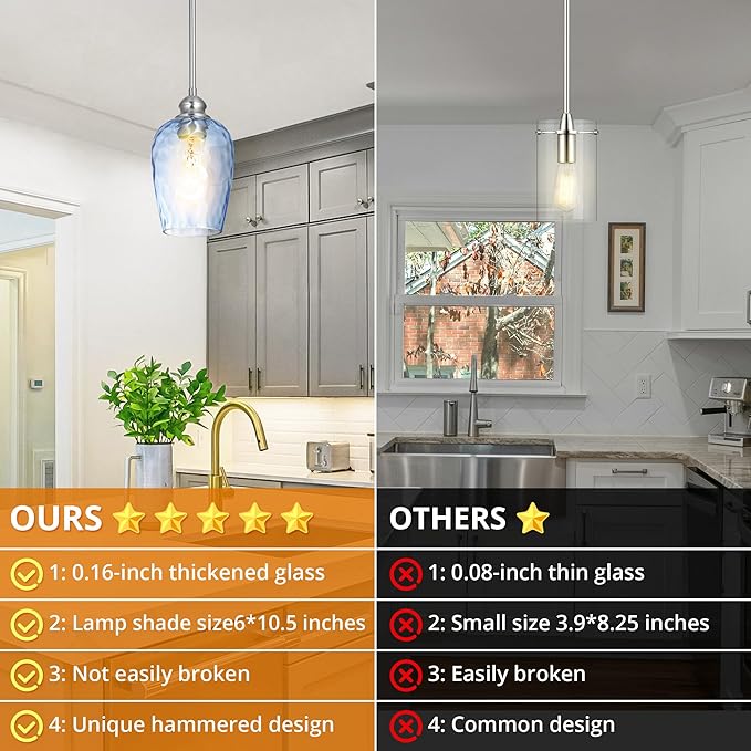 Glass Pendant Lights Kitchen Island, Brushed Nickel Pendant Light Fixtures with Hand-Blown Clear Glass, Modern Hanging Light for Kitchen Sink Dining Room Bedroom, E26 (Blue, 2pack)