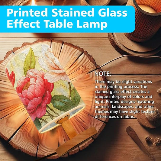 Peonies Table Lamp LED 3-Color Pressed Bedside, Peonies Shade Lamp with Wood Base for Bedroom Living Room Desk Office