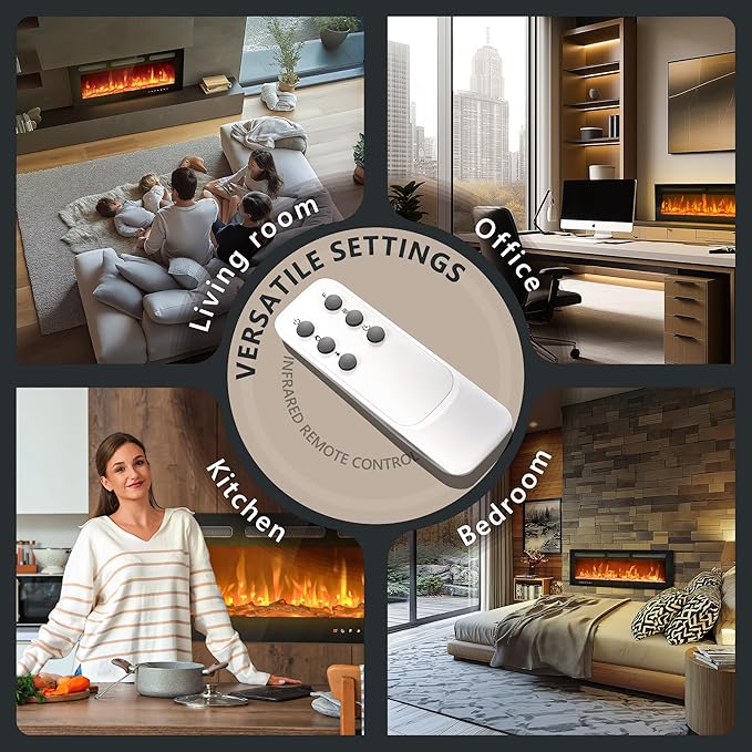 EUHOMY 60 Inch Electric Fireplace Wall Recessed and Wall Mounted with Adjustable Flame Color, Fireplace Heater with Remote Control, Linear Fireplace with Timer, Touch Screen, Log & Crystal, 750/1500W