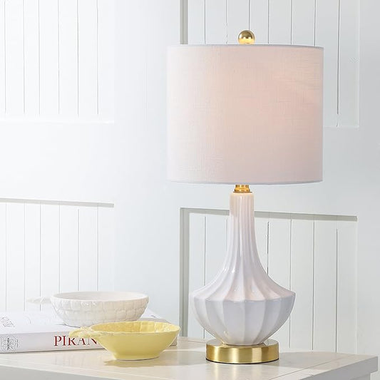 JONATHAN Y JYL1030A 21.5" Modern Ceramic Table Lamp, White and Brass Bedside Lamp for Living Room, Bedroom Nightstand, Contemporary End Table Desk Lamp with White Linen Drum Shade, LED Bulb Included