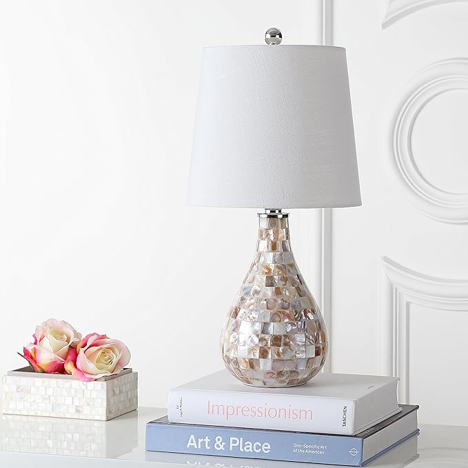 JONATHAN Y JYL1024A 20.5" Coastal Seashell Mosaic Table Lamp for Living Room, Bedroom, Bedside Nightstand Lamp with White Linen Drum Shade, Cottage Beach House Accent Lamp, LED Bulb Included