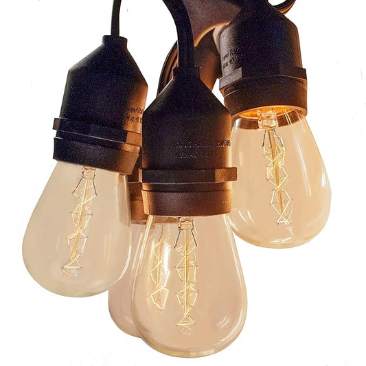 Hometown Evolution, Inc. E26 Outdoor Commercial String Lights with Suspended Socket for Weatherproof Heavy Duty Vintage Outside Lighting (S14 Zig Zag Edison 11 Watt Bulbs, 50 Foot 25 Socket)