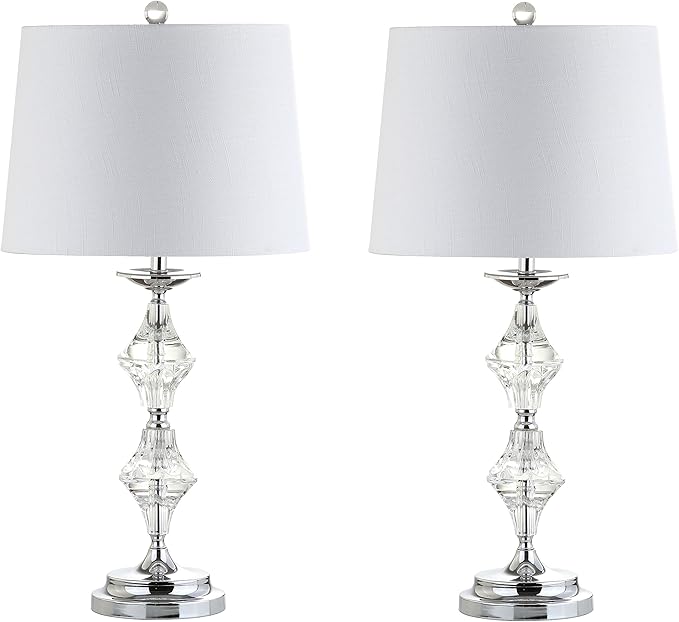 JONATHAN Y JYL2037A-SET2 27.5" Modern Glam Crystal Table Lamp Set of 2 for Bedroom Living Room, Traditional Stacked Crystal Bedside Nightstand Lamp with White Drum Shade, Clear/Chrome
