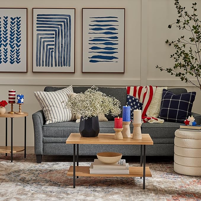 Luminara Red White & Blue Americana Pillar Trio - Set of 3 Flickering Flameless Wax Candles - Battery Operated LED Real Flame Illumination for Patriotic Holiday Decor - Timer - Remote Sold Separately