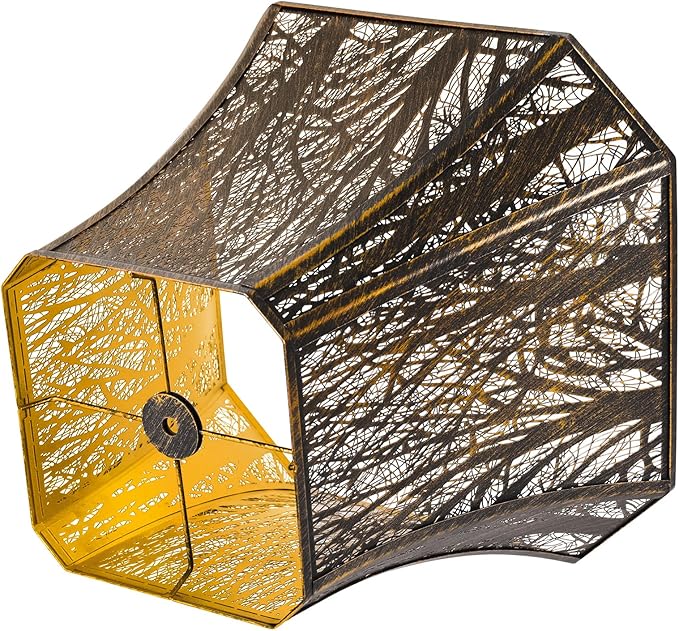 Metal Bell Lamp Shade, Large Lampshade (Spider Fitter) Square Cut Corner, Etched Forest Lamp Shades for Table Lamps and Floor Lamps, Bronze Gold Tree Pattern, 8" Top x 14" Bottom x 11" High