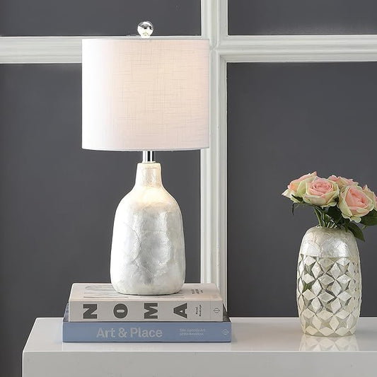 JONATHAN Y JYL4007A 21" Coastal Seashell Table Lamp, Contemporary Pearl White Bedside Lamp for Living Room, Bedroom Nightstand, End Table Desk Lamp with White Linen Drum Shade, LED Bulb Included