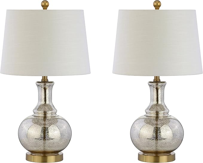JONATHAN Y JYL1068A-SET2 25" Mercury Glass Table Lamp Set of 2 for Living Room Bedroom, Contemporary Glam Bedside Nightstand Lamps with White Linen Drum Shade and Brass Gold Base, LED Bulbs Included