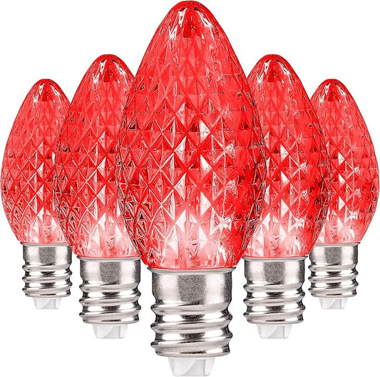 Holiday Lighting Outlet Faceted C7 Christmas Lights | Red LED Light Bulbs Holiday Decoration | Warm Christmas Decor for Indoor & Outdoor Use | 2 SMD LEDs in Each Light Bulb | Set of 25