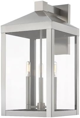Livex 20585-91 Transitional Three Light Outdoor Wall Lantern from Nyack Collection in Pwt, Nckl, B/S, Slvr. Finish, Brushed Nickel