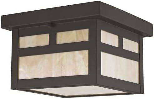 Livex Lighting 2138-07 Montclair Mission 1 Light Outdoor Bronze Finish Solid Brass Ceiling Mount with Iridescent Tiffany Glass, 5.50x8.00x8.00