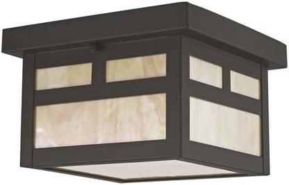 Livex Lighting 2138-07 Montclair Mission 1 Light Outdoor Bronze Finish Solid Brass Ceiling Mount with Iridescent Tiffany Glass, 5.50x8.00x8.00