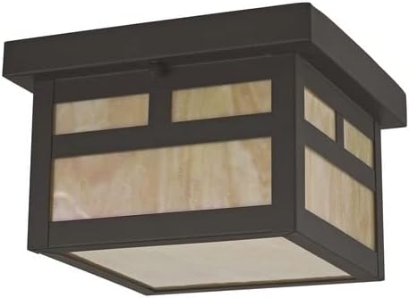 Livex Lighting 2138-07 Montclair Mission 1 Light Outdoor Bronze Finish Solid Brass Ceiling Mount with Iridescent Tiffany Glass, 5.50x8.00x8.00