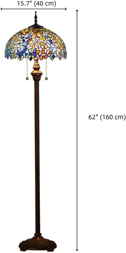 Blue Glass Tiffany Floor Lamp Baroque Vintage Standing Lamp with Pull Chain Traditional Stained Glass Floor Standing Reading Light for Living Room Bedroom Home Office Farmhouse