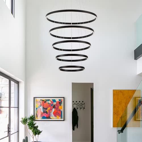 Elegant 5-Rings Black Modern LED Chandelier – Fully Dimmable High Ceiling Pendant Light for Dining Room, Living Room, Foyer & Staircase (Warm White 3000K, Adjustable Size 15.7"-31.4")