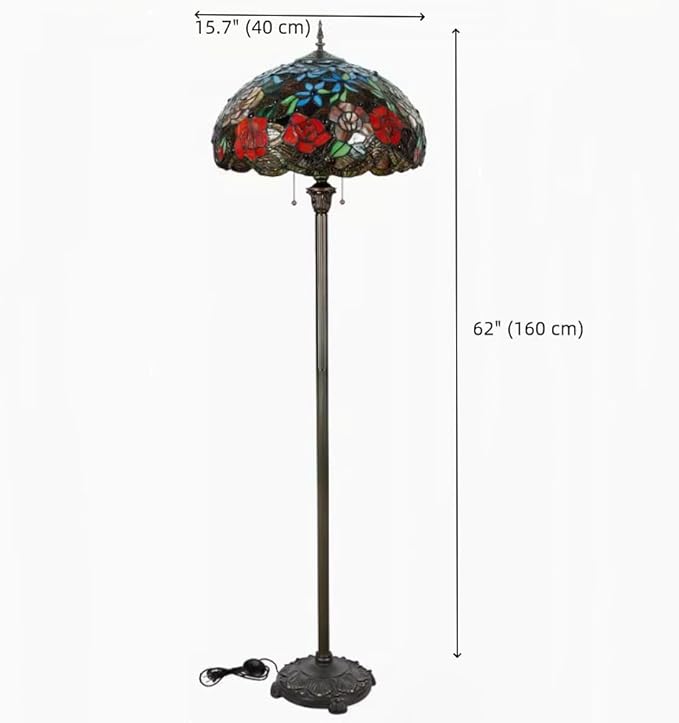 Tiffany Flower Floor Lamp Vintage Glass Standing Lamp with Pull Chain Traditional Stained Glass Floor Standing Reading Lights for Living Room Bedroom Farmhouse - Handmade Floral Lampshade