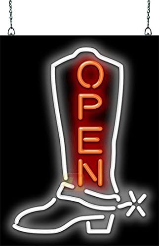 Cowboy Boot Open Neon Sign - Large Size - 18" wide x 24" high - Real, Quality Hand Bent Neon Sign - Red Letters with a White Boot Design