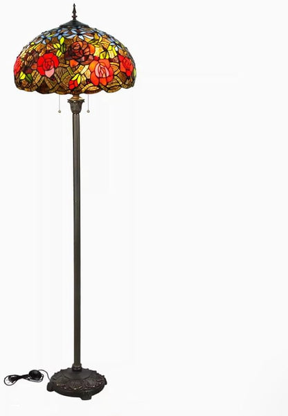 Tiffany Flower Floor Lamp Vintage Glass Standing Lamp with Pull Chain Traditional Stained Glass Floor Standing Reading Lights for Living Room Bedroom Farmhouse - Handmade Floral Lampshade