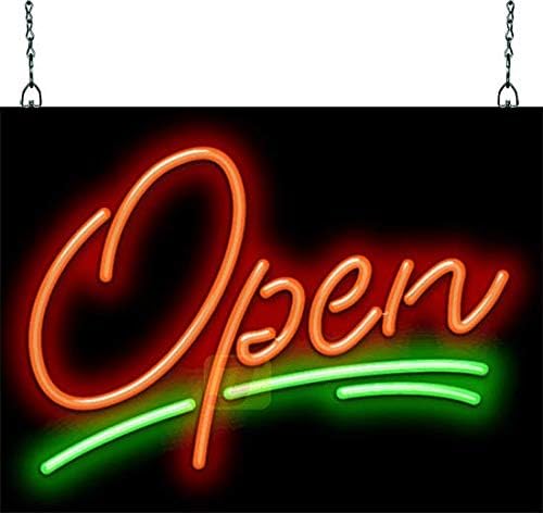 Elegant Open Neon Sign - Compact Size - 20" wide x 15" high - Real, Quality Hand Bent Neon Sign - Red Letters with Green Underline Splash Lines