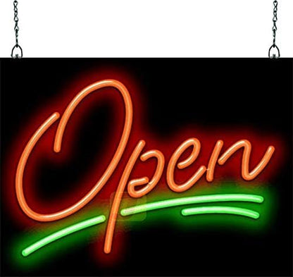 Elegant Open Neon Sign - Compact Size - 20" wide x 15" high - Real, Quality Hand Bent Neon Sign - Red Letters with Green Underline Splash Lines