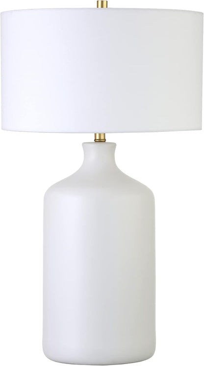 Henn&Hart 29'' Transitional 1-Light Table Lamp with White Fabric Drum Shade for Living Room, Bedroom, or Office, Matte White