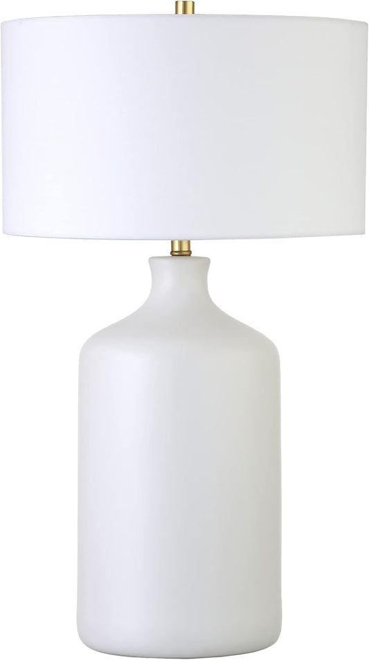 Henn&Hart 29'' Transitional 1-Light Table Lamp with White Fabric Drum Shade for Living Room, Bedroom, or Office, Matte White