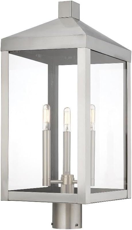 Livex 20586-91 Transitional Three Light Post-Top Lanterm from Nyack Collection in Pwt, Nckl, B/S, Slvr. Finish, 10.50 inches, Brushed Nickel