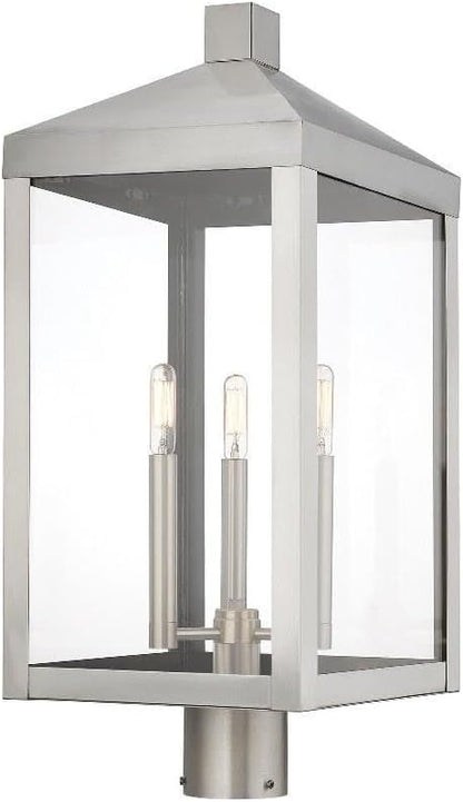 Livex 20586-91 Transitional Three Light Post-Top Lanterm from Nyack Collection in Pwt, Nckl, B/S, Slvr. Finish, 10.50 inches, Brushed Nickel