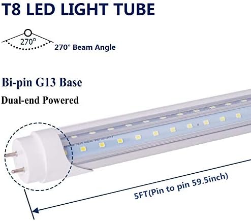 6 Pack T8 LED Tube Light Bulb 5FT 48W 6000K Cool White G13 Bi-Pin with Bright Dual Row LEDs T8 T10 T12 Fluorescent Light Bulbs Replacement 5 Foot Shop Lights