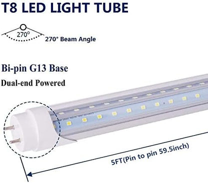 6 Pack T8 LED Tube Light Bulb 5FT 48W 6000K Cool White G13 Bi-Pin with Bright Dual Row LEDs T8 T10 T12 Fluorescent Light Bulbs Replacement 5 Foot Shop Lights