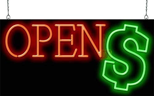 Dollar Graphic Open Neon Sign - Large Size - 32" Wide x 16" high - Real, Quality Hand Bent Neon Sign - Red Letters with a Green Dollar Sign Design