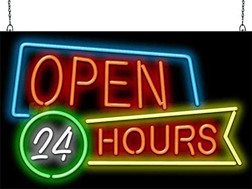 Open 24 Hours Neon Sign - Large Size - 32" wide x 20" high - Real, Quality Hand Bent Neon Sign - Red & White Letters with Blue, Green & Yellow Retro Border Outline Designs