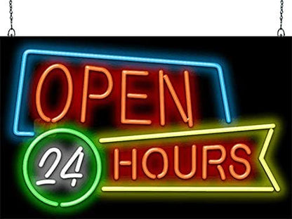 Open 24 Hours Neon Sign - Large Size - 32" wide x 20" high - Real, Quality Hand Bent Neon Sign - Red & White Letters with Blue, Green & Yellow Retro Border Outline Designs